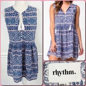 RHYTHM. Blue & Pink Boho Paisley Tie Neck Babydoll Skater Dress - SMALL